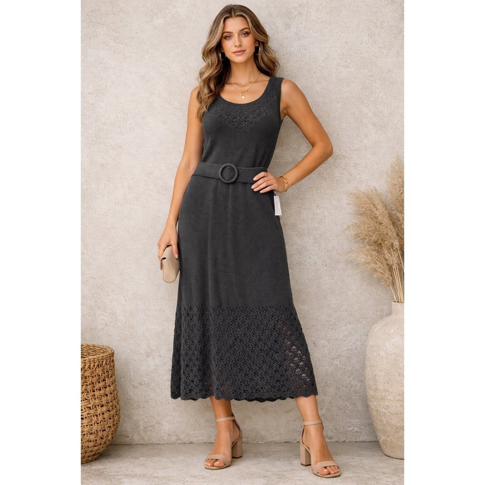LC Lauren Conrad Knit‎ Midi Dress Belted Charcoal Sleeveless XL NWT